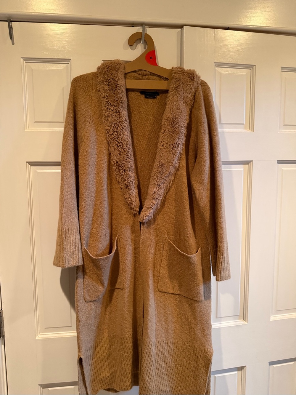 Cozy Longline Women's Sweater Cardigan with Faux Fur Collar - Camel